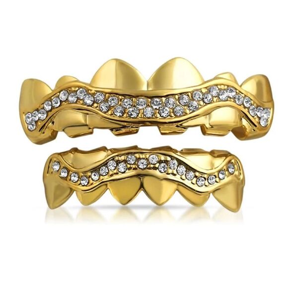 14k Gold Plated Iced Out Wavy Hip Hop Grillz Set - Picture 2 of 2